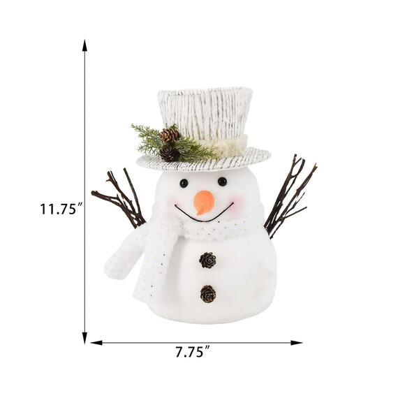 White Fabric Fluffy Snowman Christmas Tree Topper 11.75" w Scarf Top Hat Frosty - Picture 2 of 5
